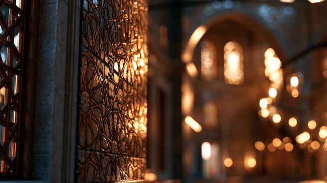 Interior of an ancient mosque with intricate geometric tile work and soaring arched ceilings, golden afternoon light filtering through ornate windows, defocused mosque interior in