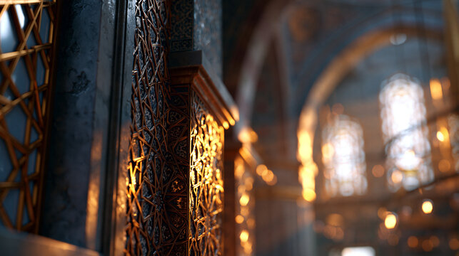 Interior of an ancient mosque with intricate geometric tile work and soaring arched ceilings, golden afternoon light filtering through ornate windows, defocused mosque interior in