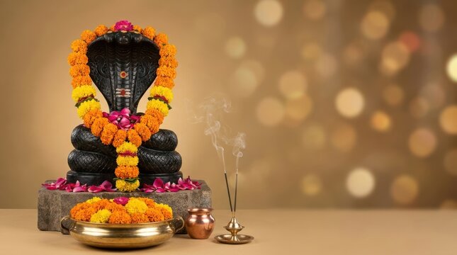 Shiva Lingam decorated with flowers. Hindu deity sculpture for religious worship rituals.