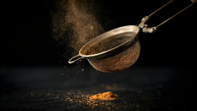 Fine mesh sieve sifting golden powder over dark surface with particles in motion