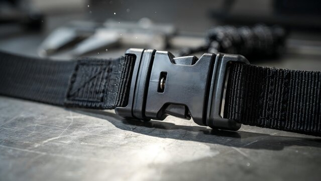 Close-up of black nylon strap with plastic side-release buckle on metallic surface