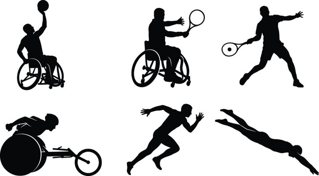 Para athletes and disabled sports silhouettes set, adaptive athlete racing basketball tennis, swimming vector illustration