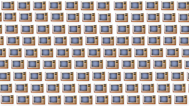 Repeating pattern of many retro television sets on a white background