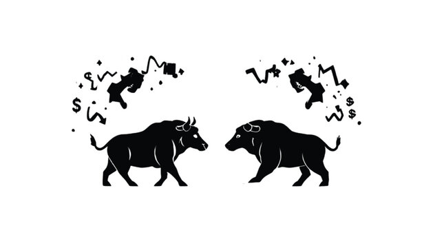 Bull and bear animals face each other while surrounded by abstract star clusters and jagged lines to depict the unpredictable energy and constant fluctuation of global stock market indices.