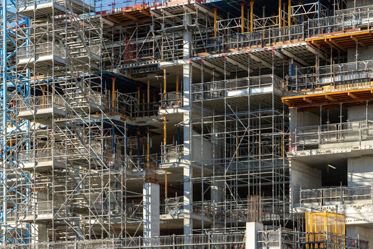 Commercial Construction Apartments Covered In Scaffolding 