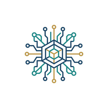 Circuit board hexagon icon with gold and teal nodes.