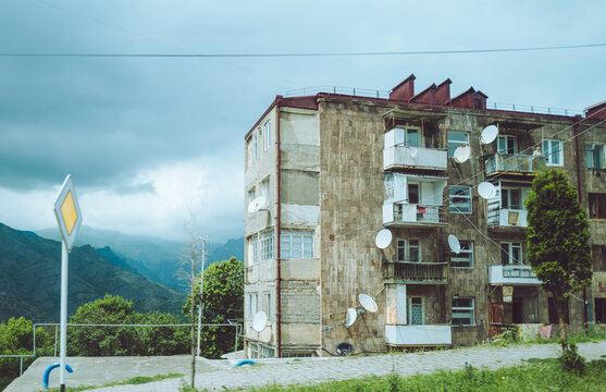 Dilapidated Soviet era buildings in an Armenian town..