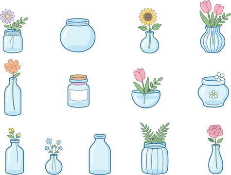 Cute glass vases and flower bottles collection, vector illustration set isolated on white background