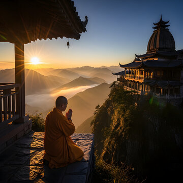 Monk in orange robe praying at sunrise on mountaintop with temple in background
 chinese temple at sunset