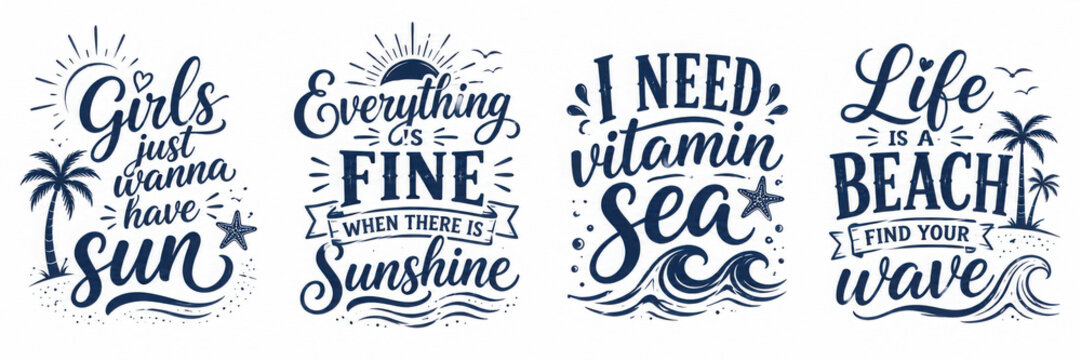 Set with hand drawn lettering compositions about Summer. Funny season slogans. Isolated calligraphy quotes for travel agency, beach party. Great design for banner, postcard, print or poster. Vector