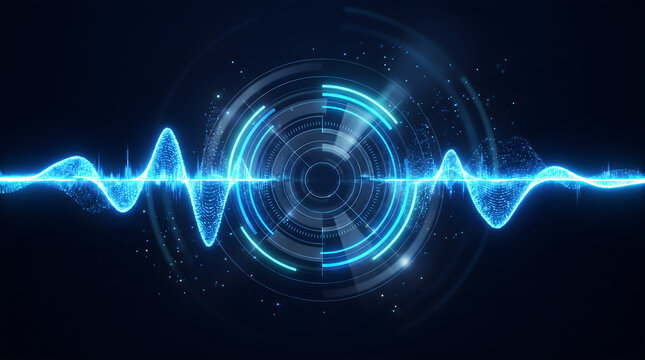 Futuristic Digital Sound Wave Interface with AI Audio Visualization, Signal Processing, Voice Recognition, Data Analysis and Advanced Technology Background