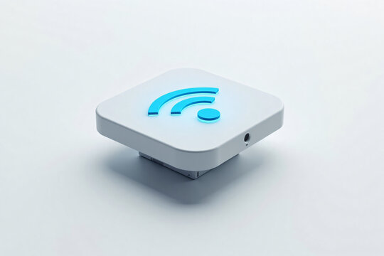 Modern white wireless router with glowing blue WiFi signal icon isolated on light background for internet connectivity and smart home networking technology concept