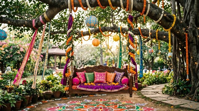 Traditional Indian Wedding Decoration Vector, Festive Outdoor Jhoola Setup with Floral Marigold Garlands and Colorful Rangoli for Diwali, Mehendi, and Haldi Celebrations
