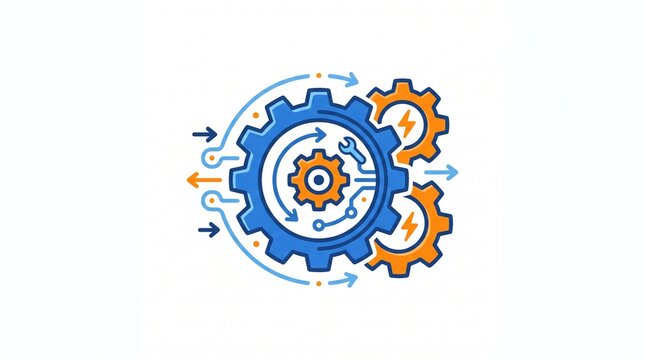 Cartoon‑style gear icon with blue and orange tones symbolizing settings, process, and technology in minimalist vector design.