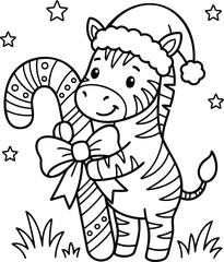 Obraz premium Cartoon zebra in santa hat hugging, festive holiday greeting style, black and white red santa hat white fur