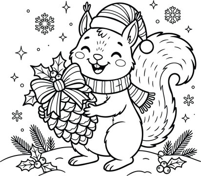 Cartoon squirrel with pine cone, autumn leaves, and starry background