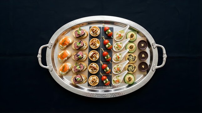 Assorted gourmet appetizers served on a silver platter for catering events