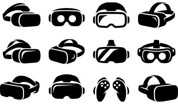 Modern abstract generic virtual reality symbol vector clipart set with minimalist clean outline unbranded gaming brand VR headset controller monogram and cosmic metaverse logo graphics black and white