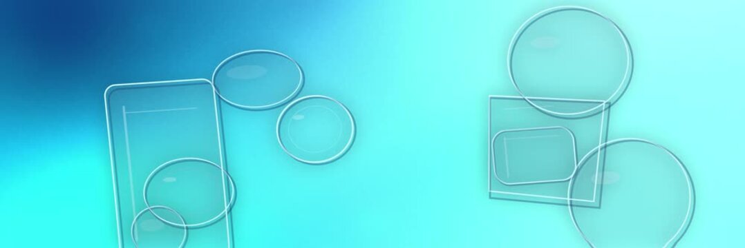 Floating glass circles and rounded rectangles over a cyan, turquoise and electric blue gradient, website banner seamless loop animation for a clean interface backdrop