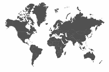 Dark gray world map silhouette against a white background depicting continents and country borders © MSTShikha