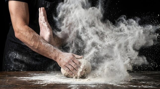Baker hands kneading dough with flour explosion on dark wooden table