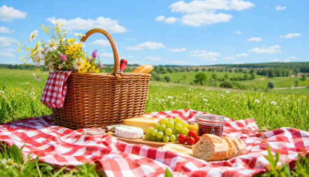 A picnic basket encircled by blossoming daisies in a sunlit spring meadow, beckoning a delightful outdoor gathering