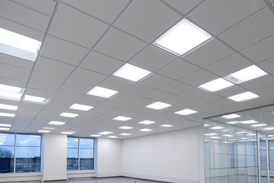 Modern office interior with bright, evenly lit suspended ceiling panels