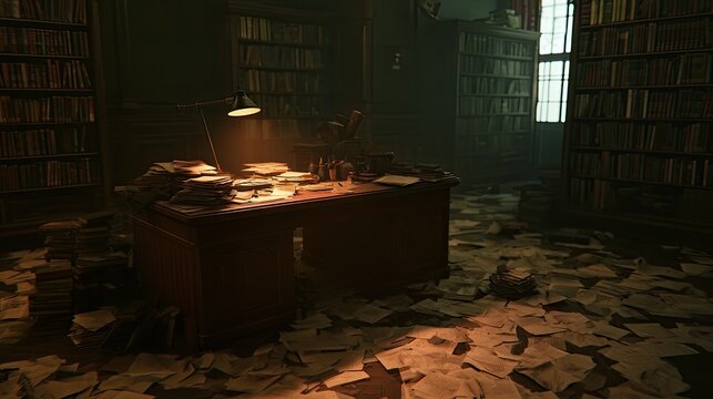 Dimly lit study room with a cluttered desk, books, and scattered papers