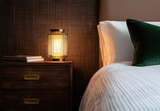 Warm lamp illuminates bedside table and textured headboard near a plush bed