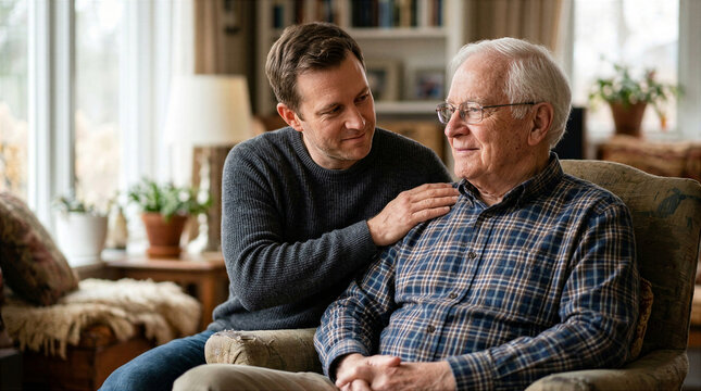 Caring son comforts elderly father with gentle touch and supportive conversation at home