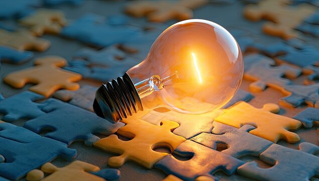 Glowing lightbulb illuminates scattered jigsaw puzzle pieces