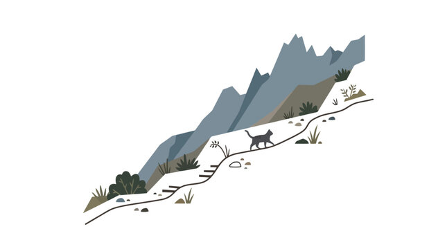 Cute small cat walking on a snowy mountain trail with peaks in the background