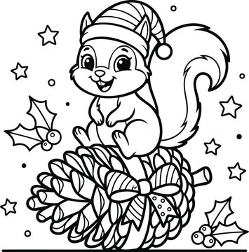 Cute cartoon squirrel holding a pine cone with stars black and white smile