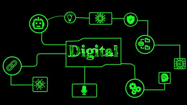 Digital network connection concept. Glowing green tech lines forming a data structure.