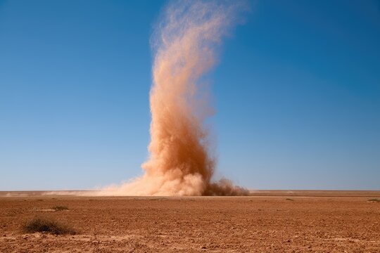 A towering dust devil swirls across a barren, arid landscape under a clear blue sky (1)
