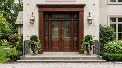 Fototapeta premium wide angle snapshot of grand facade architecture featuring a luxury mahogany entry door and decorative glass transoms
