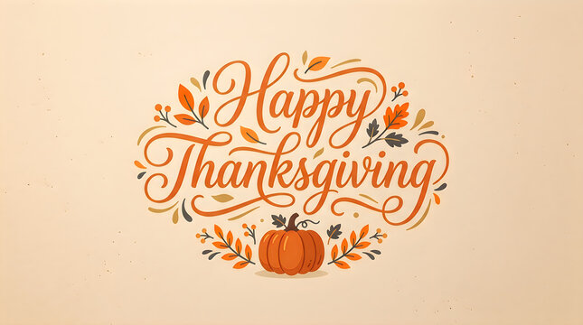 Happy Thanksgiving handwritten calligraphy greeting card with autumn leaves and pumpkin. 