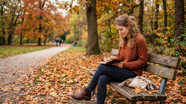Young woman writing in a notebook on a park bench during autumn