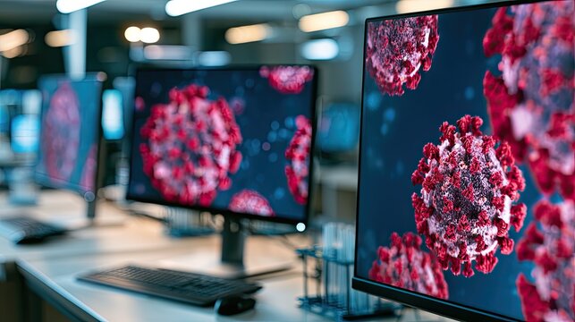 Rows of monitors displaying detailed, three-dimensional renderings of viruses