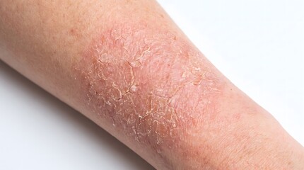 Fototapeta premium Close-up of dry, irritated skin with red itchy patch on human arm, showing signs of eczema, psoriasis, or allergic dermatitis reaction. AI generated. 