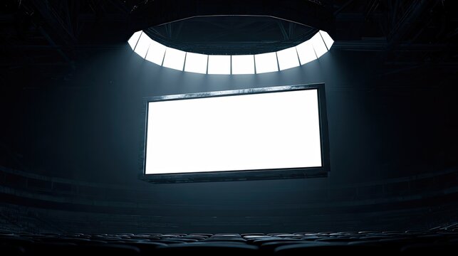 Empty arena with illuminated screen and glowing ceiling lights