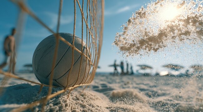 Beach volleyball close-up through net, sand flies as players gather on sunny day
