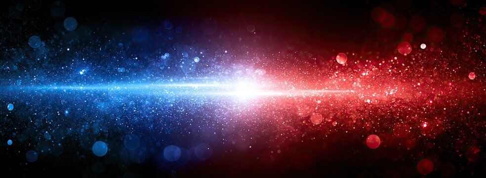 Abstract burst of blue and red particles with bright light