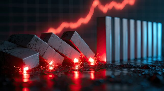Falling dominoes ignite with glowing red embers, symbolizing financial downturn