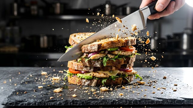 Chef slicing a gourmet chicken sandwich with fresh vegetables on slate