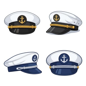 Set of classic nautical captain hats featuring gold and silver anchor badges, braided rope trim, and stylish peak visors on a crisp white background.