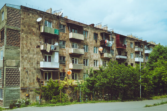 Concrete apartment block in a town in Armenia