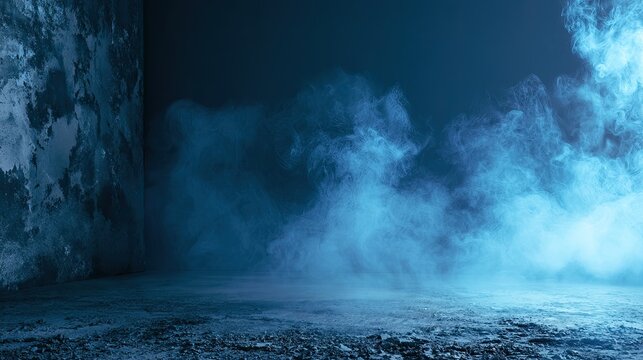 Dimly lit corner with swirling blue mist against a rough, dark wall