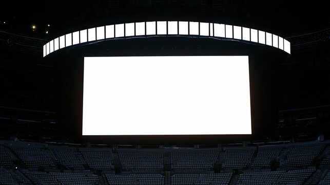 Huge blank white screen in dark stadium, surrounded by lights