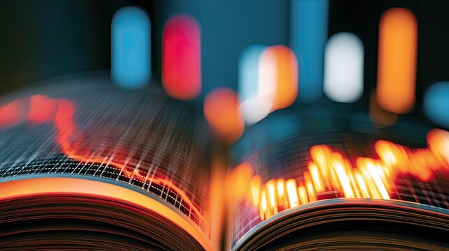 An open book with financial charts and abstract glowing lights